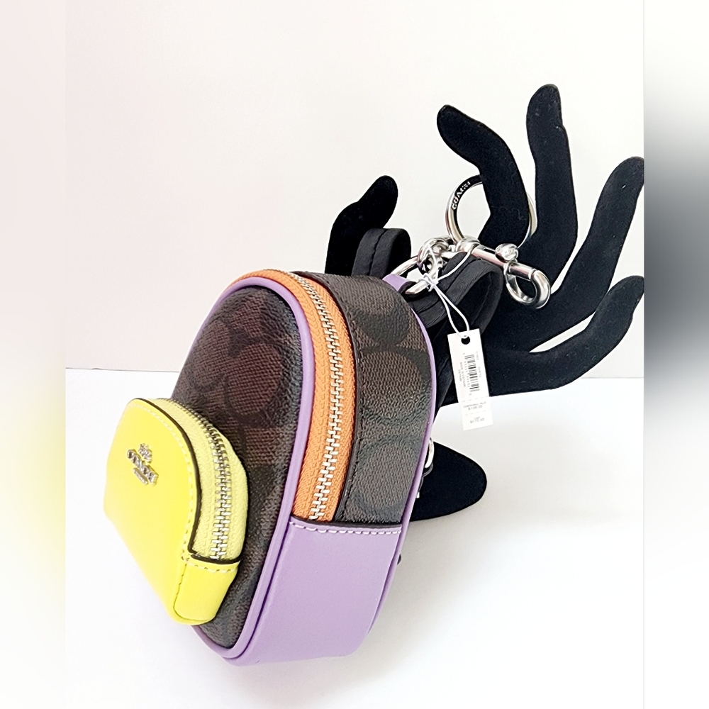COACH Mini Court BAG CHARM Neon & Khaki Saddle brown Leather Key ring & clip